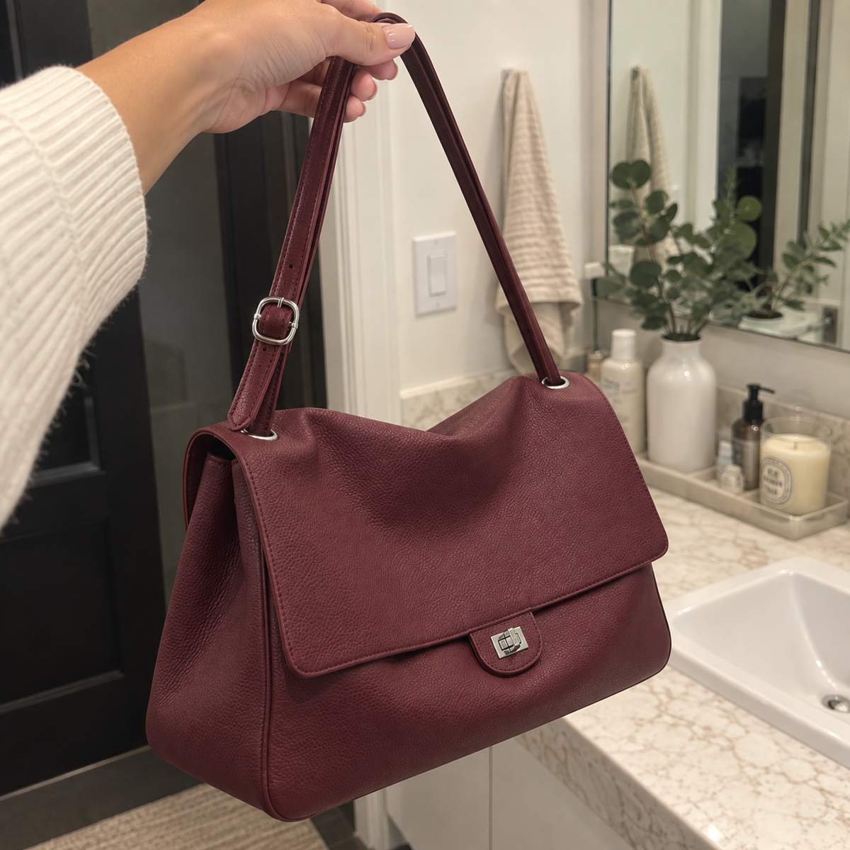Sac à rabat grand format en cuir de vachette, noir ou bordeaux